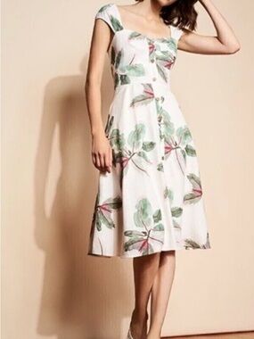 Hutch White Midi Dress with Green and Pink Leaf Print size 4